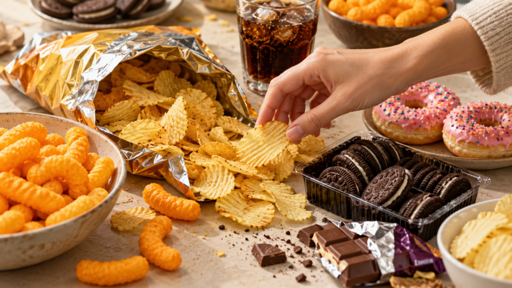 A hand reaching for crisps on a table filled with chocolate biscuits, doughnuts, cheese snacks and cola.