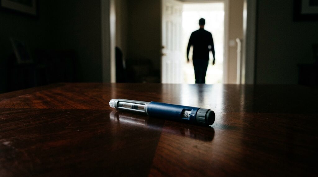 Ozempic injection pen left on a table as a patient walks away, illustrating the rise in patients quitting the GLP-1 weight-loss drug