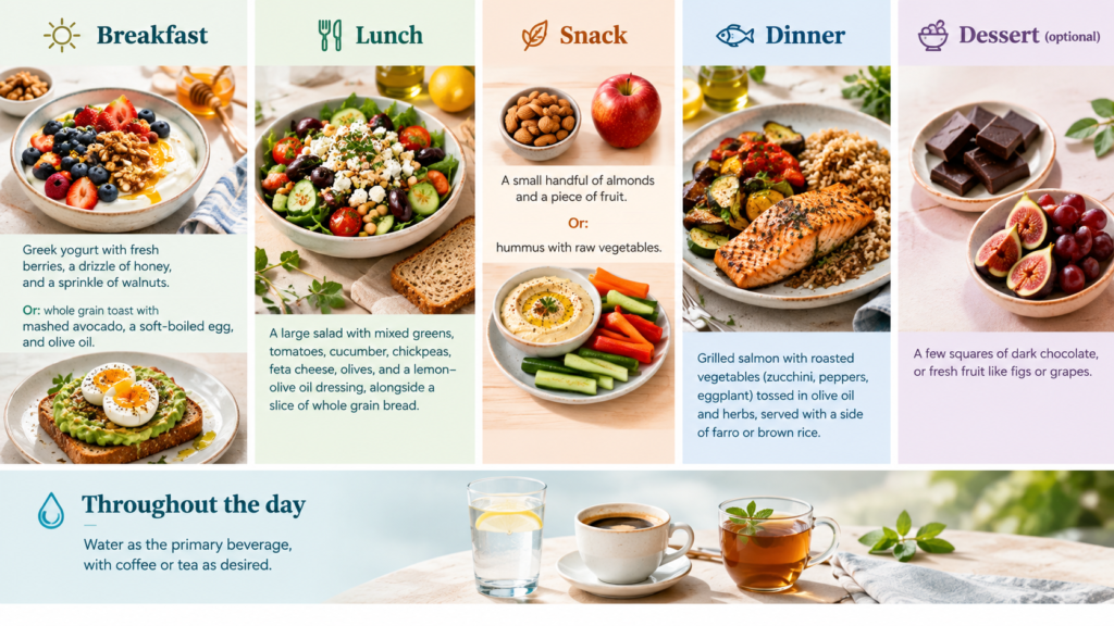 A sample day of Mediterranean eating A simple, balanced day of Mediterranean-style eating from breakfast to dinner, with nourishing meals and satisfying snacks