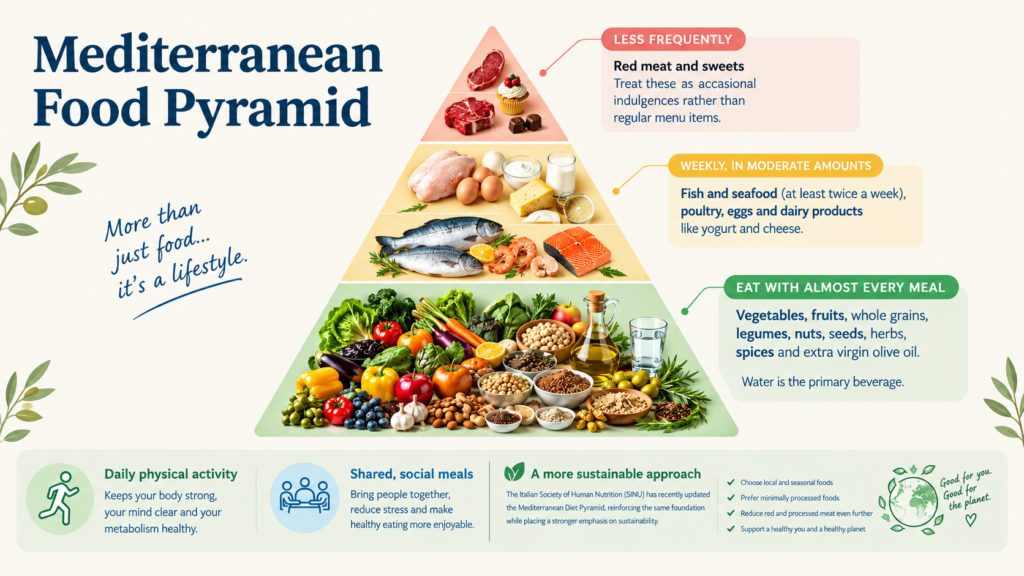 The meduterranean diet food pyramid The Mediterranean food pyramid : what you should eat everyday, in moderation and occasionally