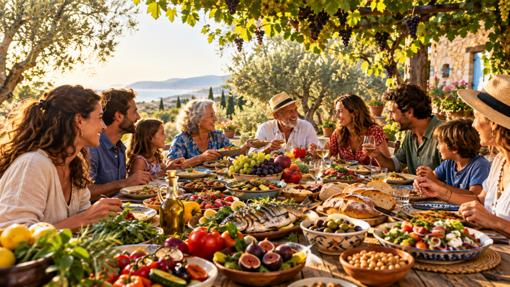 Mediterranean diet family meal with healthy foods shared outdoors under a grapevine pergola