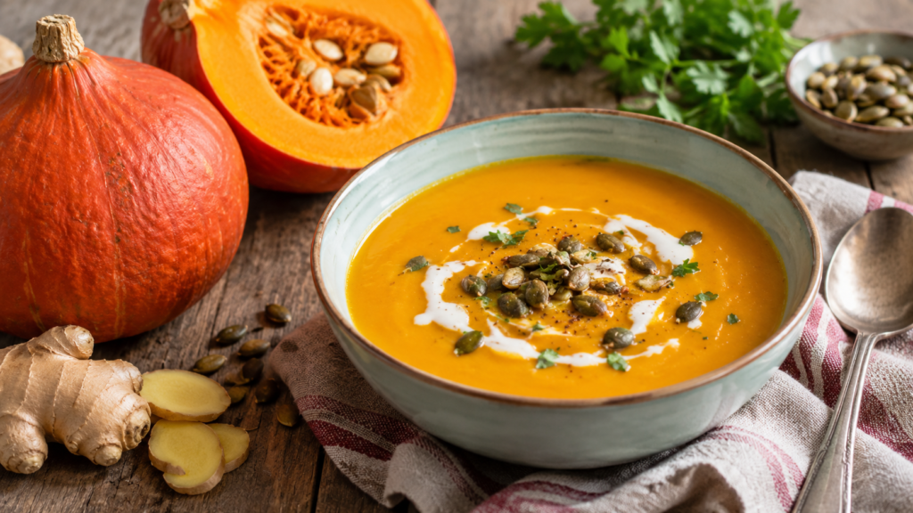 Creamy pumpkin soup with fresh ginger and coconut milk, topped with toasted pumpkin seeds and served beside fresh red kuri squash.