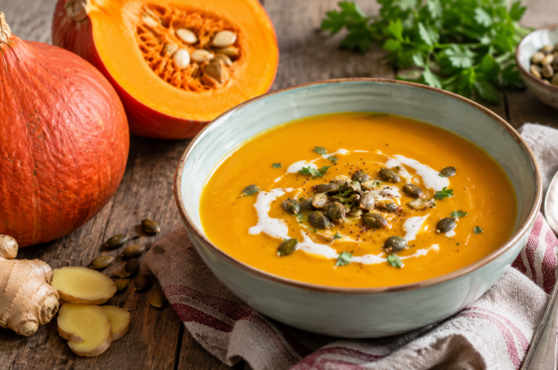Red kuri squash, ginger and coconut milk soup