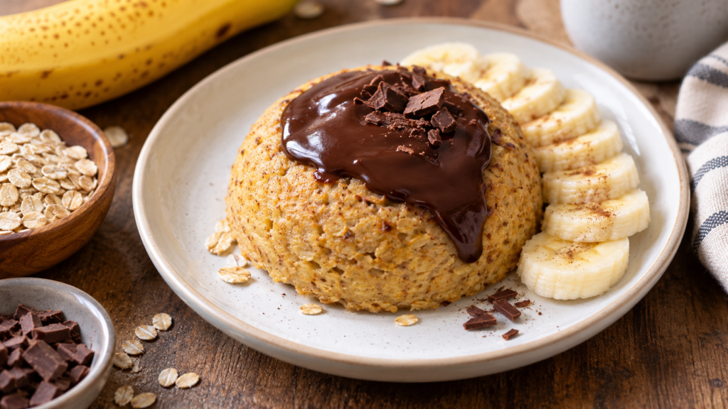 Homemade banana chocolate oat bowl cake served with fresh banana slices on a ceramic plate.