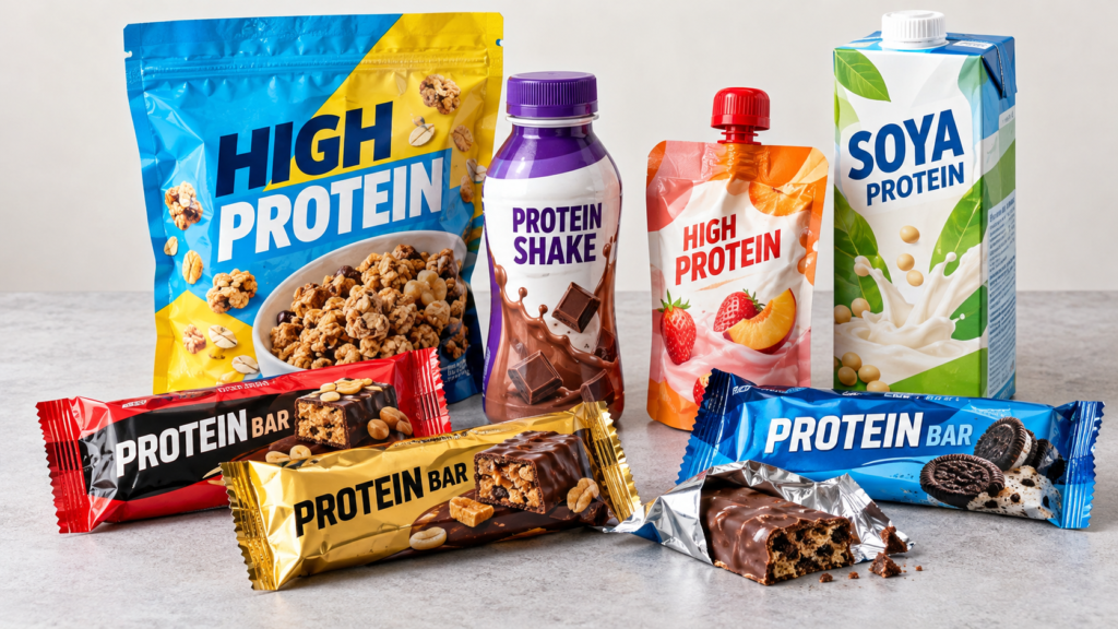 Colorful unbranded packaging for high-protein granola, protein bars, a shake, a fruit pouch and a soya drink.